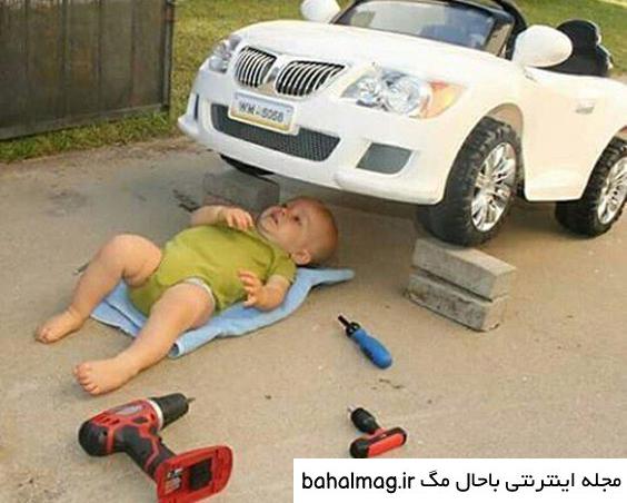 ژست عکس کودک با ماشین شارژی با کیفیت