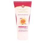 کرم ضد آفتاب و ضد چروک رنگی سان سیف SPF50 SunBlock & Anti-ageing Cream Light Beige کرم پودری بژ روشن مناسب برای انواع پوست ها حجم 50 میلی لیتر